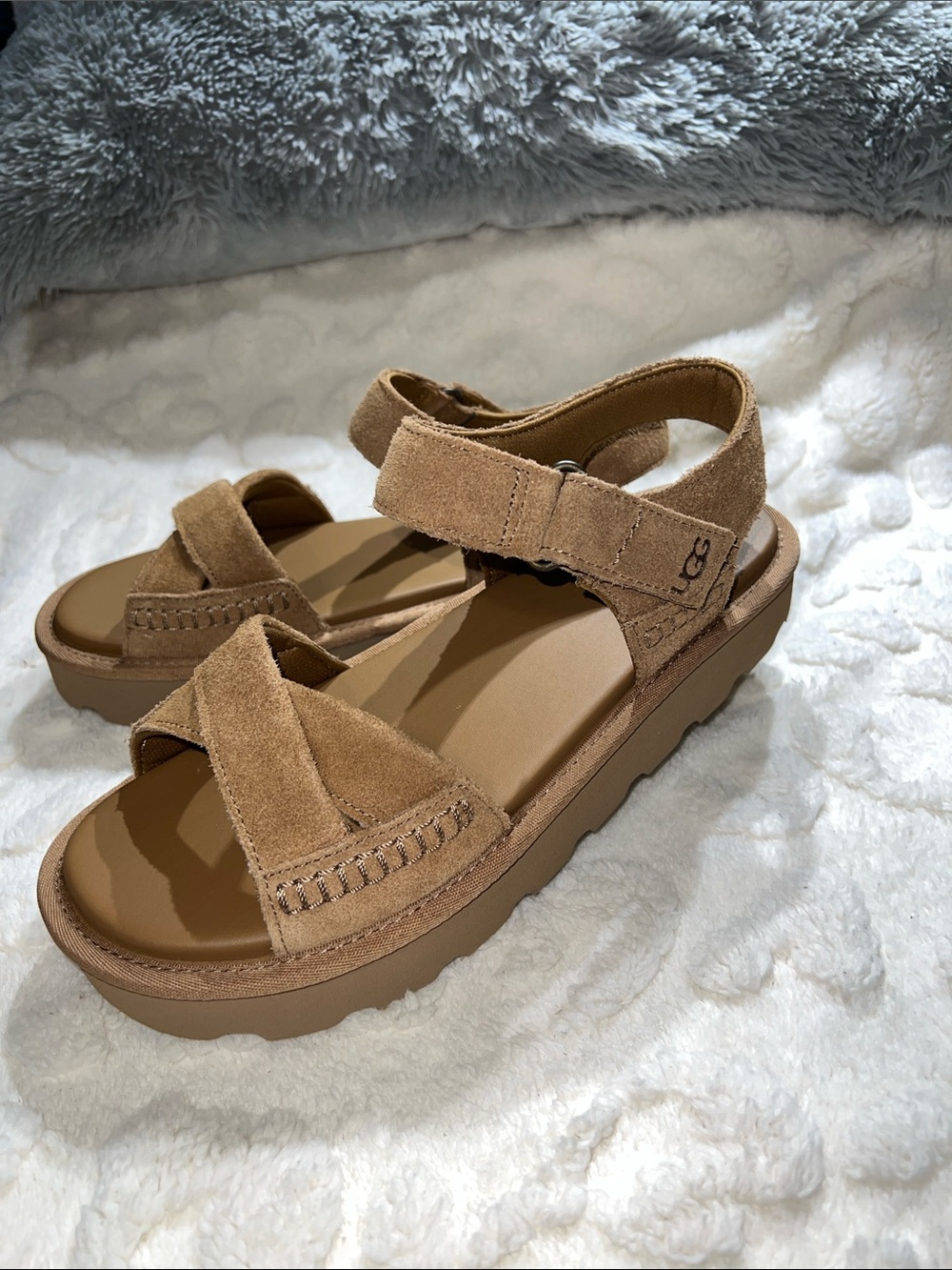 UGG Sungaze Platform Women's Chestnut Suede Platform Strap Sandals Size 9
